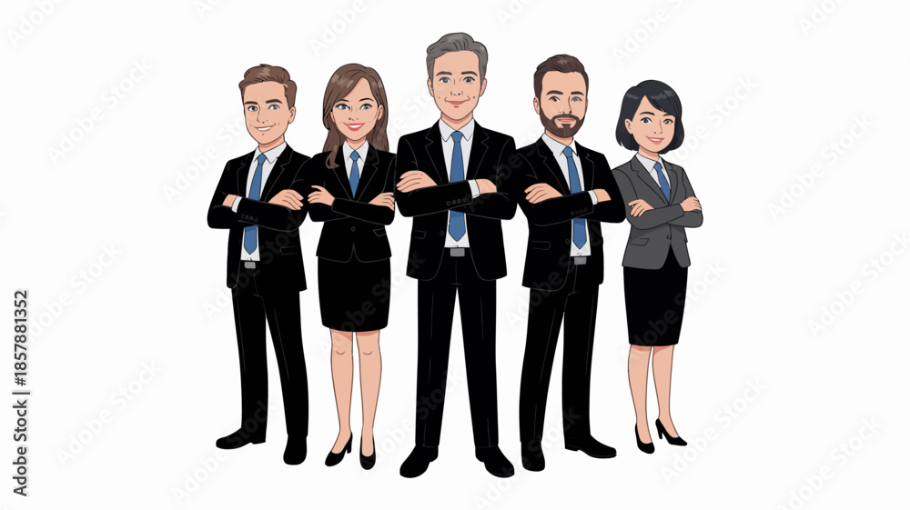 Fototapeta premium Diverse business team in professional attire with confident stance in flat illustration style with bright white background for corporate branding