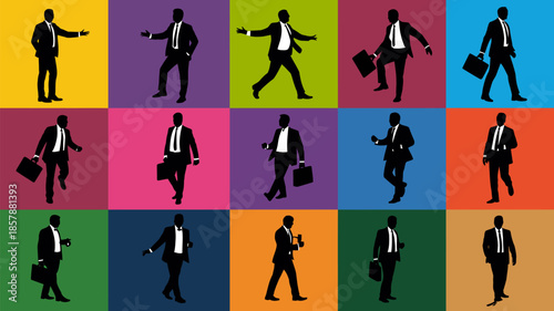 Businessman silhouettes in dynamic poses with briefcases in vibrant colorful backgrounds for corporate branding