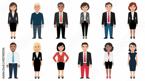 Diverse Business Professionals in Various Attire Standing in Flat Illustrative Style with Bright Color Palette on White Background for Corporate Use