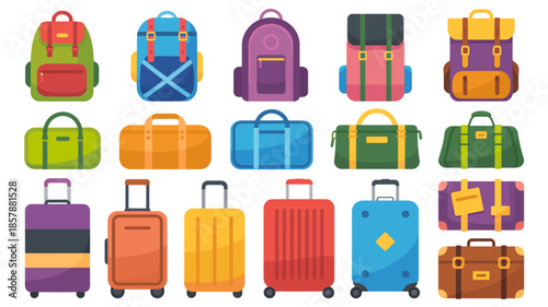 Assorted Travel Bags and Luggage in Various Colors and Designs on White Background for Travel and Tourism