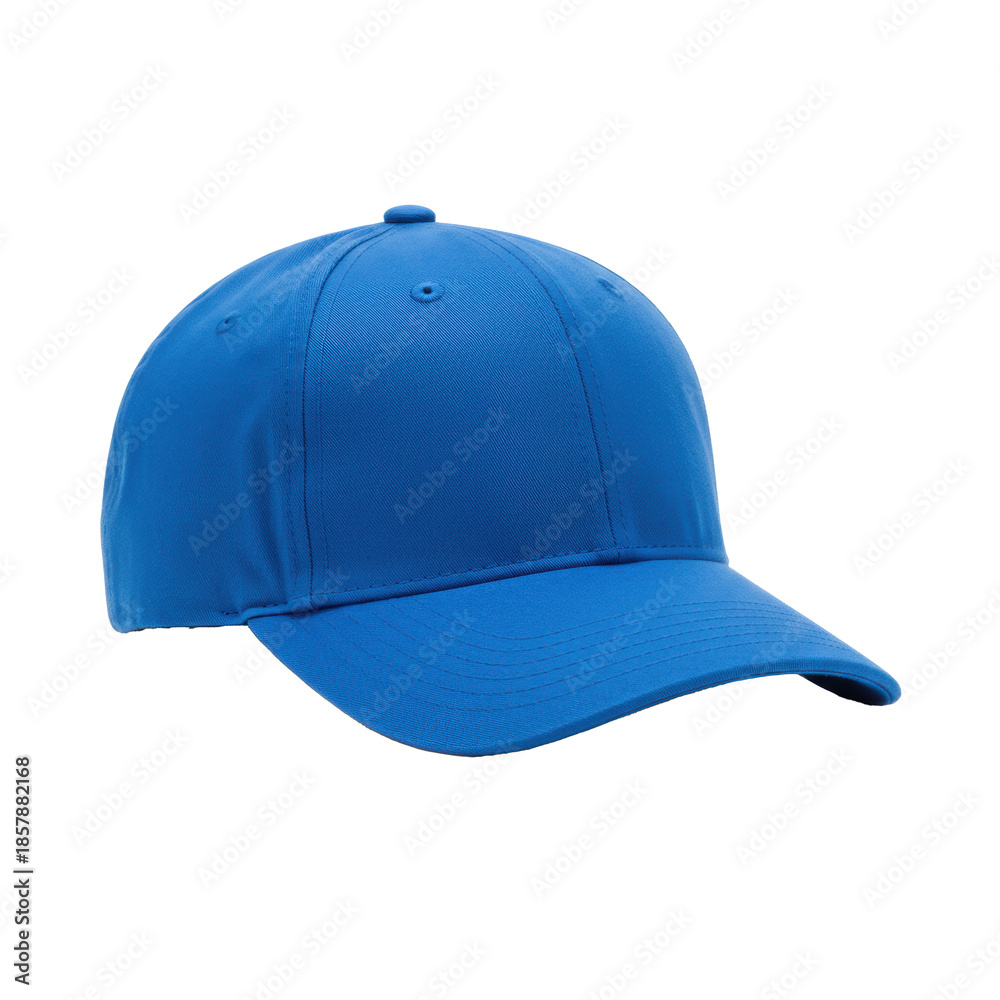 Fototapeta premium A new, vibrant royal blue cotton twill baseball cap, plain and unbranded, angled, with clear stitching details, isolated on a transparent background, perfect e-commerce product concept