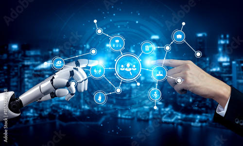 Billede på lærred A striking visual representing the convergence of human and robotic interactions through digital interfaces, showcasing innovation and technology in a city backdrop
