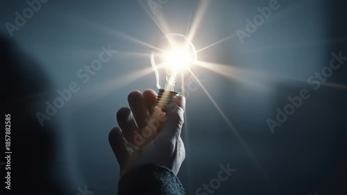 Hand Holding a Glowing Lightbulb in Darkness, Indoor, Conceptual Photography