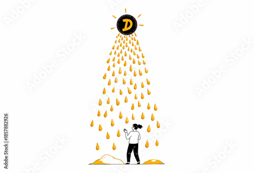 Illustration of Person Receiving Digital Rewards Under a Golden Coin, Symbolizing Cryptocurrency and Blockchain Opportunities