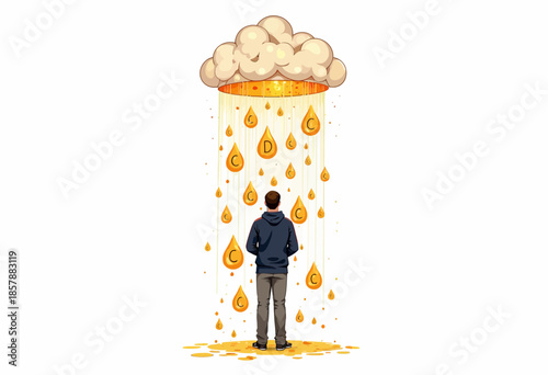 Man Standing Under Cloud Raining Cryptocurrency Coins Symbolizing Digital Economy and Virtual Financial Opportunities in Modern Technology Landscape
