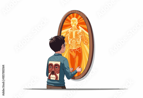 Illustration of a Child Facing a Mirror Reflecting an Internal Anatomical Skeleton and Muscles with Symbolic Artistic Elements
