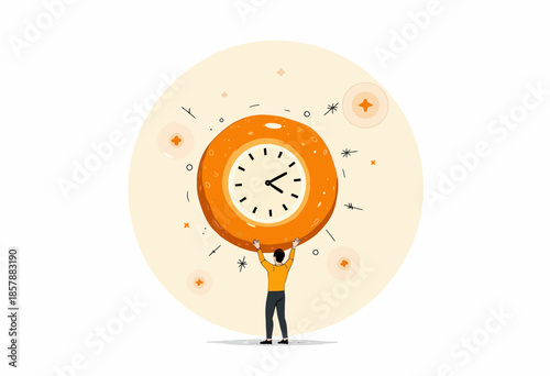 Illustration of a person reaching upwards to adjust a giant orange wall clock surrounded by abstract geometric shapes and dots illustrating the concept of time management