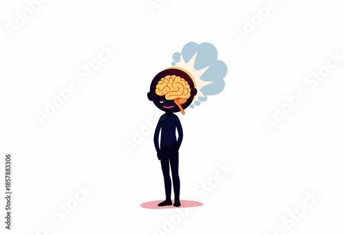 Cartoon Illustration of Person with Visible Brain and Thought Bubble Expressing Cognitive Thinking and Imagination