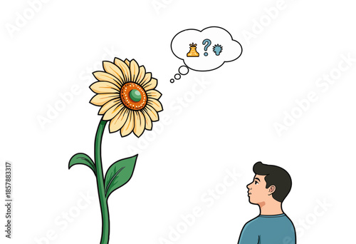Illustration of a person contemplating a sunflower with thought bubble showing a bell, question mark, and gear for symbolism