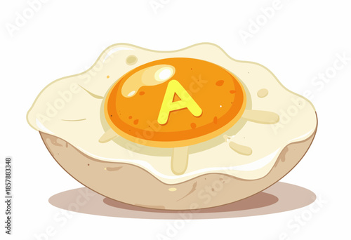 Illustration of a Sunlit Egg with a Runny Yolk Shaped Like the Letter A on a Round Wooden Plate with Artistic Shadows