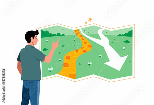 Illustration of a Man Contemplating Two Diverging Paths on a Map: A Bright Path Covered in Obstacles and a Clear Path Marked by a Bold Arrow