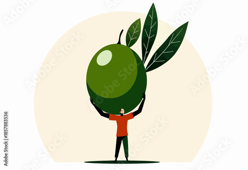 Man Lifting Enormous Green Olive Symbolizing Strength and Connection to Nature Through Giant Fruit and Artistic Illustration Design