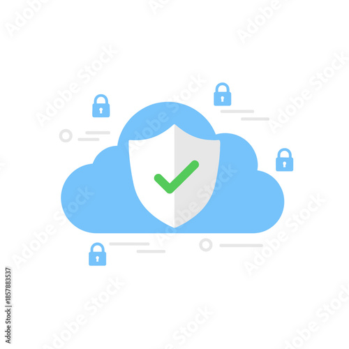 Cloud Security Shield with Checkmark and Padlocks, Digital Data Protection Concept