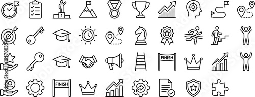 Goal tracking milestone icon set, editable stroke, mission achievement target success medal reward celebration trophy UI pack, business planning icons vector illustration