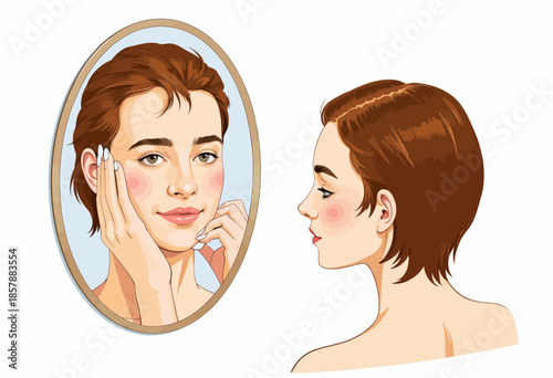 Illustration of a young woman with short brown hair admiring her reflection in a mirror, focusing on skincare and self-reflection with a gentle expression