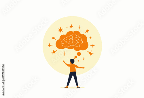 Illustration of a Person Engaging with a Vibrant Brain Symbolizing Creativity and Imagination Amidst a Field of Stars and Glowing Light