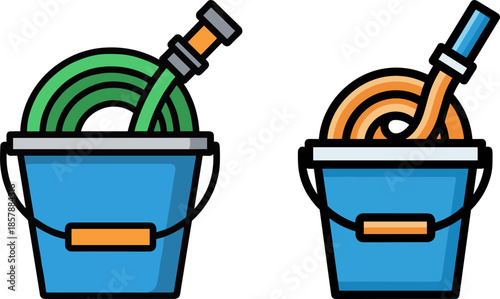 Two colorful buckets with garden hoses, one green and one orange, isolated on a transparent background for gardening and outdoor use.