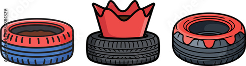 Colorful cartoon tires representing ecology: a tire planters with soil, one with a red flower, and another tire with paint drips on a transparent background