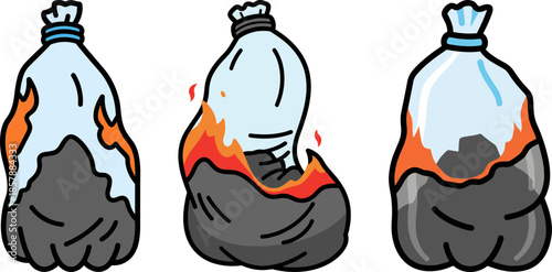 Three cartoon garbage bags with flames, symbolizing waste management and environmental challenges, on a transparent background
