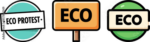 Eco Protest Signs Illustrating Environmental Awareness with Bold Colors and Unique Designs on a Transparent Background