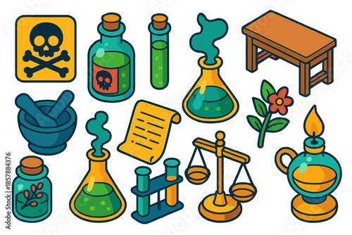 Vintage Toxicology Icons. Isometric vector illustration set Vintage Toxicology: crossbones sign, poison elixir bottle, antidote