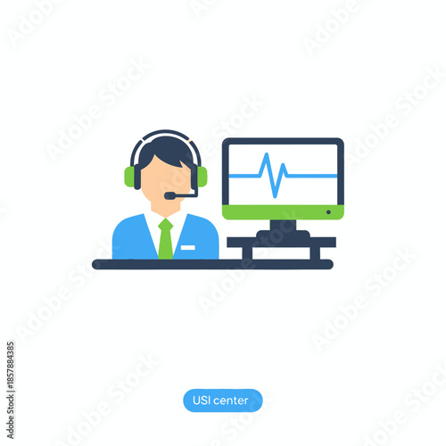 Customer service operator with headset and computer displaying heart rate monitor