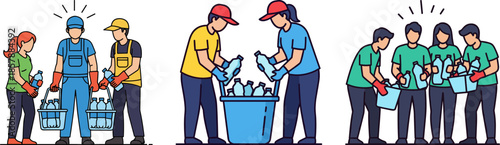 Group of people cleaning up plastic bottles in an outdoor setting, promoting sustainability and teamwork, on a transparent background.