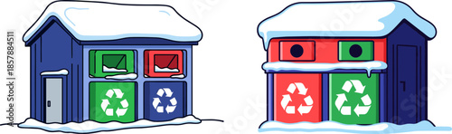 Two colorful recycling bins covered in snow outside, promoting eco-friendly waste disposal in winter with vibrant colors and cartoonish design, on a transparent background