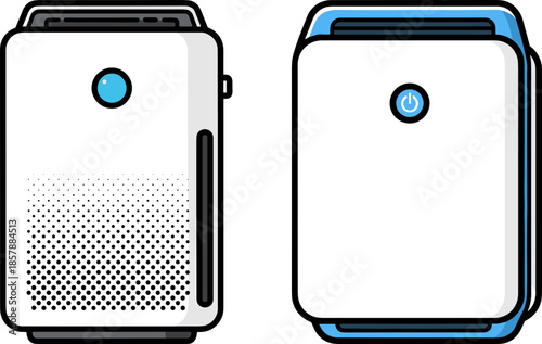 Two modern air purifiers side by side with unique designs isolated on a transparent background illustrating eco-friendly home appliances