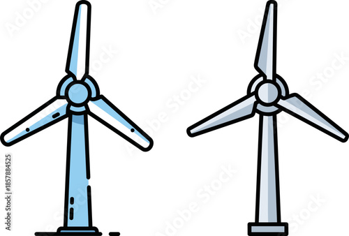 Two wind turbines with blue and gray designs, representing renewable energy for sustainable development, isolated on a transparent background