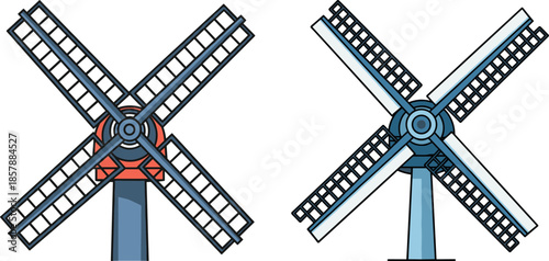 Two windmills in contrasting colors on a transparent background, illustrating renewable energy and ecological themes with a modern graphic style