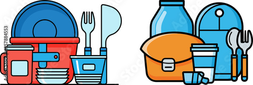 Colorful lunch boxes and utensils on a dark background, showcasing a variety of containers and cutlery for outdoor meals, isolated on a transparent background
