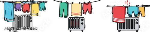 Colorful clothes drying on a rack by a heating radiator in a warm indoor setting with a cozy atmosphere and vibrant colors, isolated on a transparent background