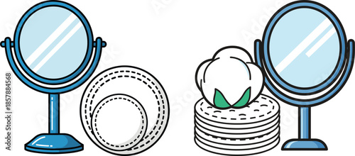 Vanity mirror with cotton pads and plates on white background, representing daily skincare and beauty routine in a stylish, minimalistic setting