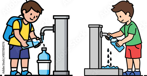 Two boys drawing water from a fountain into reusable bottles on a sunny day, promoting sustainability and hydration in an outdoor setting.
