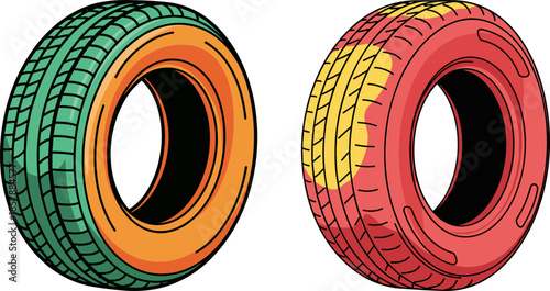 Colorful cartoon tires isolated on a transparent background with unique designs, showcasing green and orange on one and red with yellow details on another