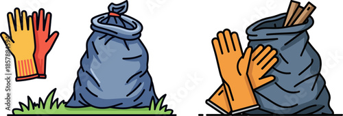 Gloves and trash bags for eco-friendly cleaning in the garden, illustration of waste management on a transparent background, promoting sustainability and environmental awareness