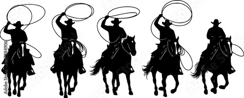 A vector silhouette 5 cowboys riding horses. Two of the ranch cowboys are holding lariats / ropes.
