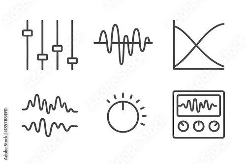 Audio Engineering Icons. Line style icons of Audio Engineering and Harmonics: studio equalizer sliders, mixing waveform, frequency