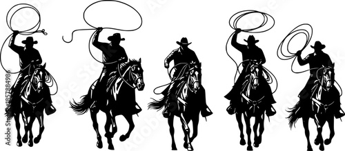 A vector silhouette 5 cowboys riding horses. Two of the ranch cowboys are holding lariats / ropes.