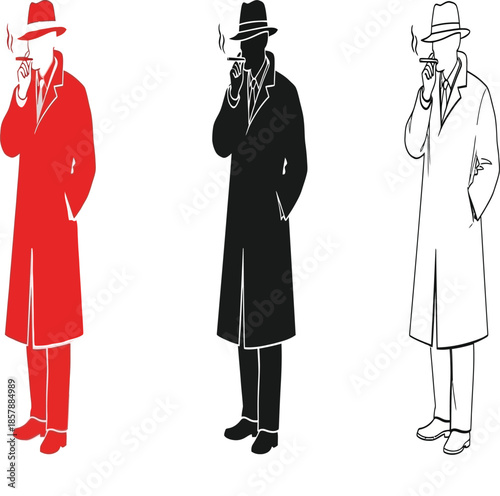 Stylized depictions of a man in a fedora smoking a cigarette variations shown