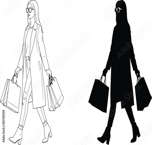 Fashionable woman walking with shopping bags in a minimalist black and white sketch