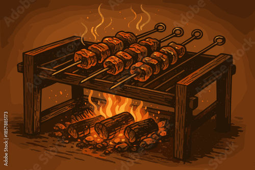 Rustic Barbecue Grill. Rustic wood-fired grill with glowing embers and sizzling meat skewers, vector illustration rich textures,