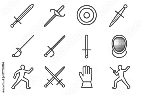 Historical Fencing Icons. Line style icons of historical fencing: longsword, side sword, buckler, dagger; foil, épée, practice