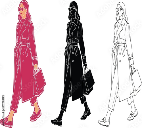 Illustrative depictions of a woman in a trench coat shown in different styles