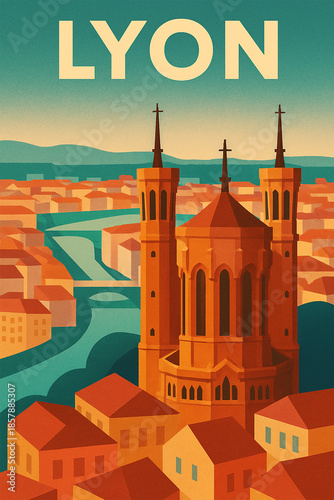 Lyon Travel Poster - Silhouetted Basilica of Notre-Dame de Fourvière Overlooking the Cityscape at Sunset