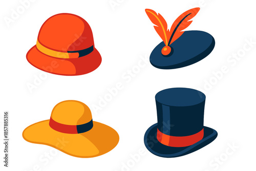Vintage Hat Styles. Isometric vector illustration set Vintage Hat Styles: Cloche hat, feathered fascinator, wide-brimmed sunhat,