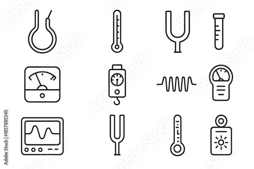 Scientific Sensor Icons. Line style icons of scientific sensors: thermocouple wire, lab thermometer, manometer tube, chemical