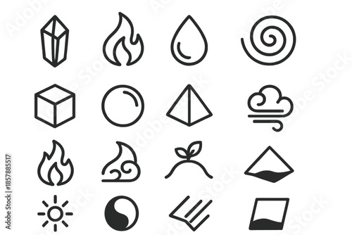 Cosmic Elements Icons. Line style icons of cosmic elements: fire, water, air, earth; ether, void, light beam, shadow; crystal,