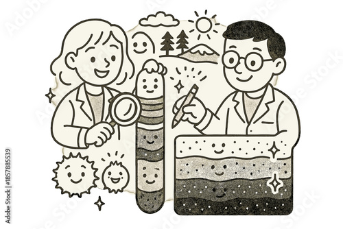 Playful Paleoenvironment Doodle. Cute doodle reconstructing past environments with smiling scientists, cartoon pollen cores with